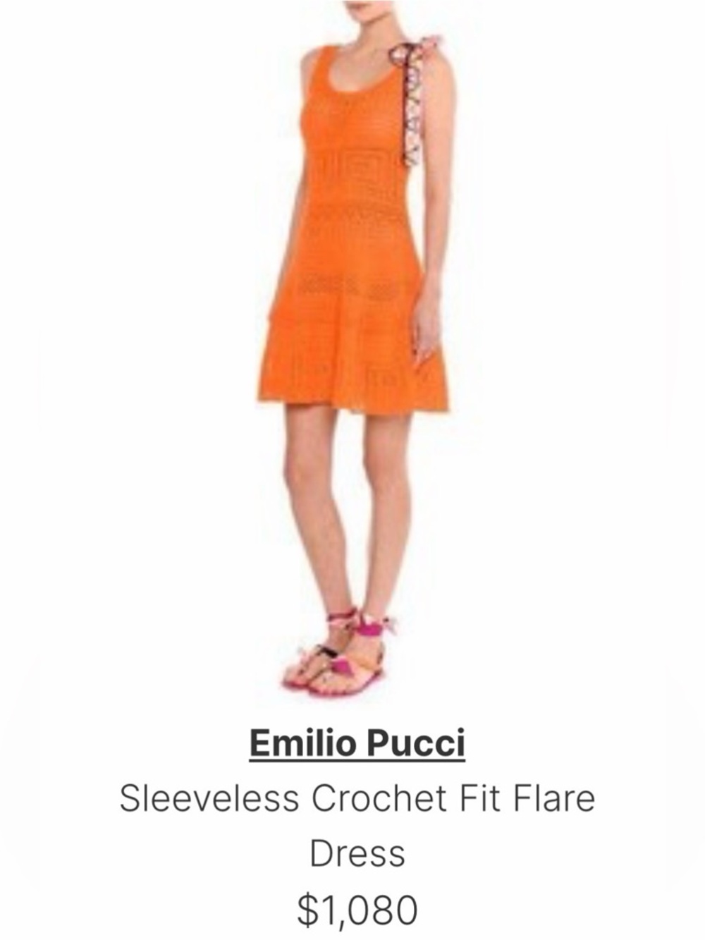 Authentic Emilio Pucci Bright Orange Sleeveless Crochet A-Line Dress